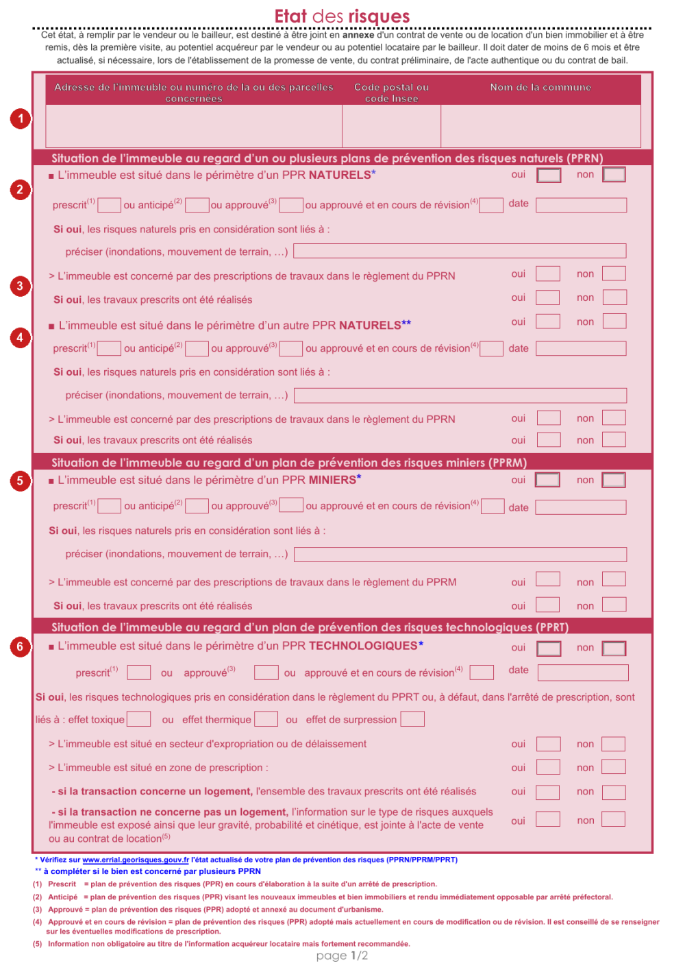Formulaire officiel état des risques 2025, page 1 annotée