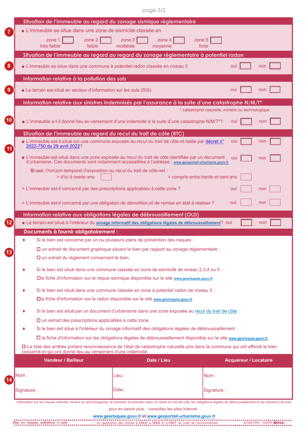 Formulaire officiel état des risques 2025, page 2 annotée